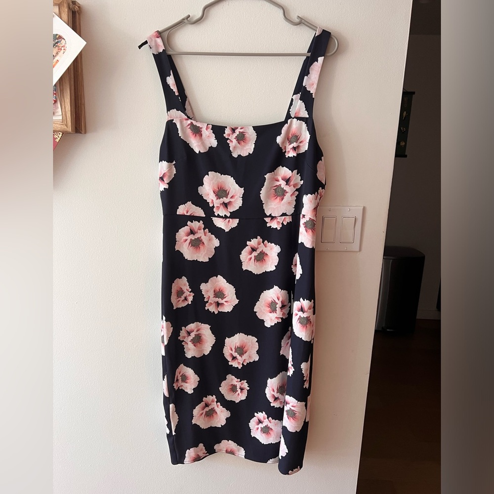 Aritzia Babaton Navy and Pink Floral 90s Slit Midi Dress - Size 10 - Like New